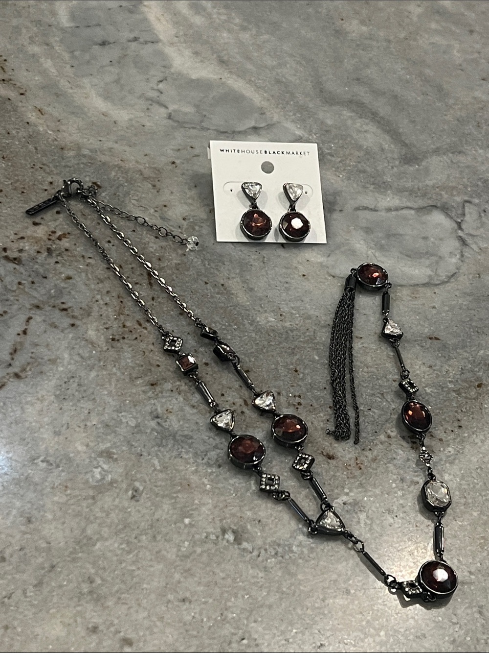 White House Black Market Garnet& Clear Long Necklace w/ Tassel Matching Earrings